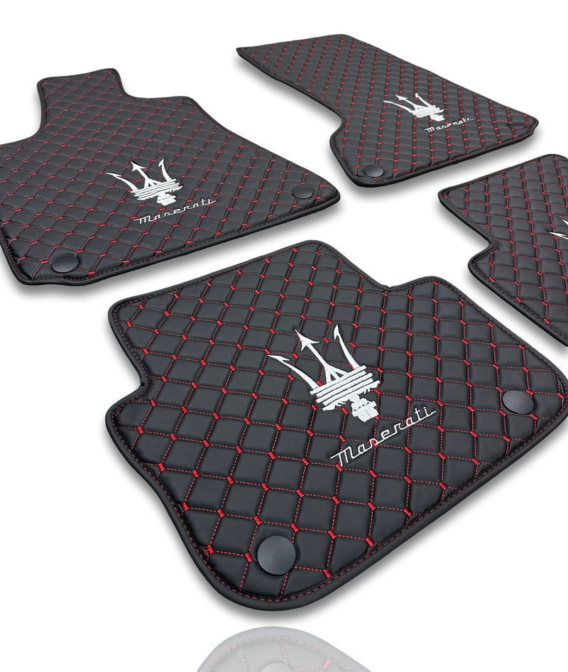 Luxury Leather Car Floor Mats Compatible With Maserati | Fits Ghibli, Quattroporte, GranTurismo, GranCabrio, Levante, Grecale, MC20, MCPURA, 4200 GT & More | Black Leather & Red Stitch