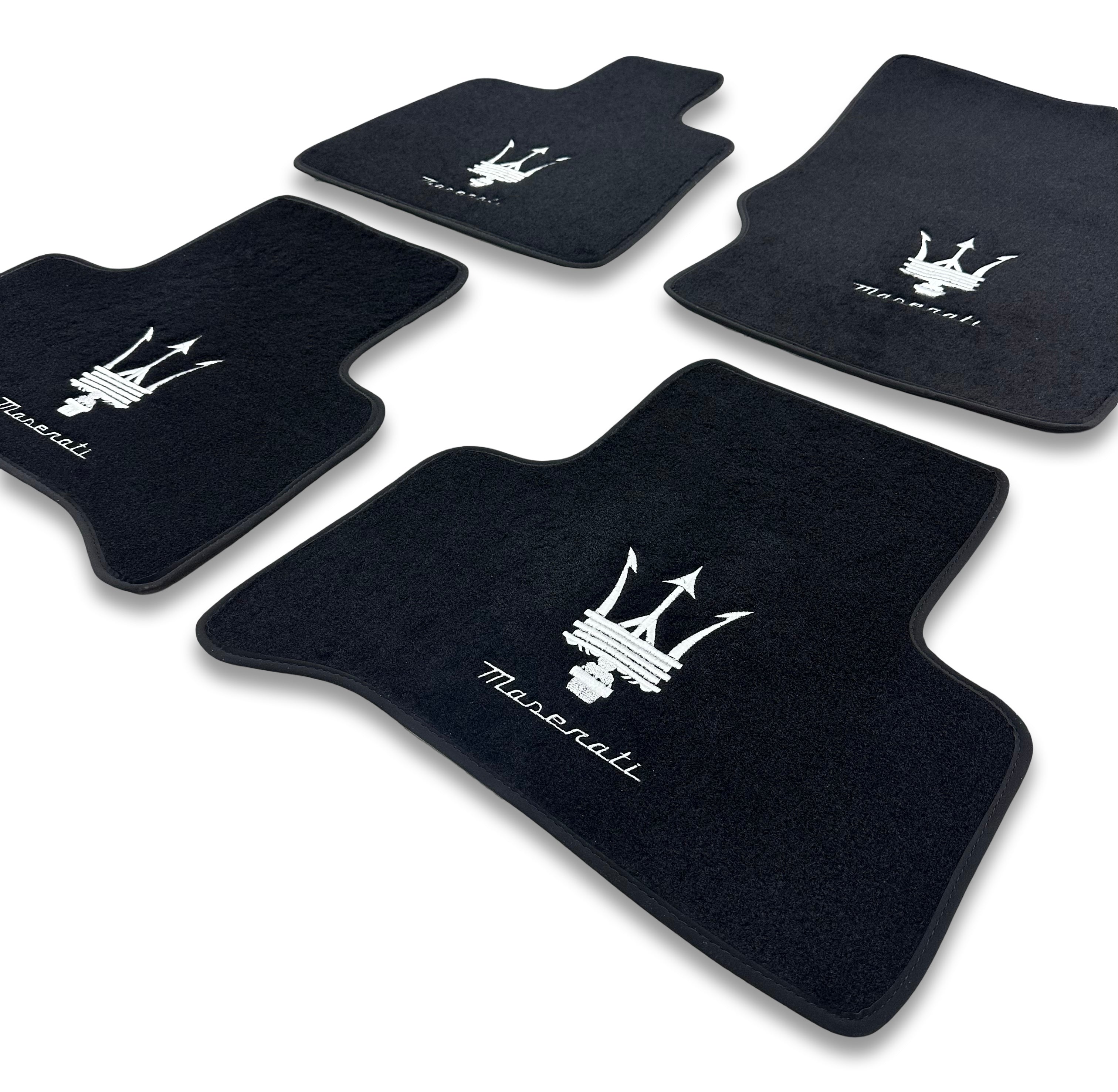 Luxury Carpet Car Floor Mats Compatible With Maserati | Fits Ghibli-Quattroporte-GranCabrio-GranTurismo-Levante-Grecale-MC20 Models | Black Leather & Red Stitch
