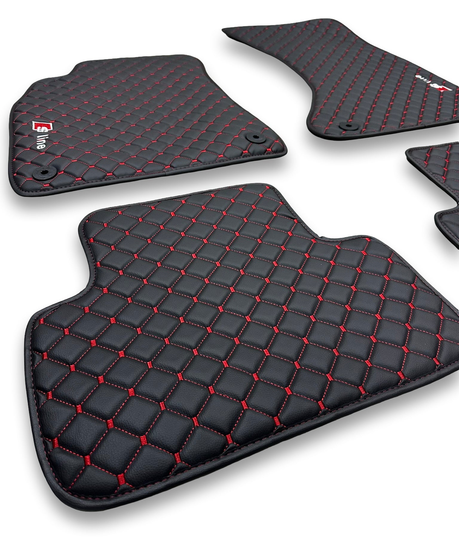 AUDİ Leather Luxury Car Floor Mats | Fits A1-A3-A4-A5-A6-A7-A8-Q2-Q3-Q4-Q5-Q7-Q8-S-RS-TT-R8-E Tron Models | Black Leather & Red Stitch