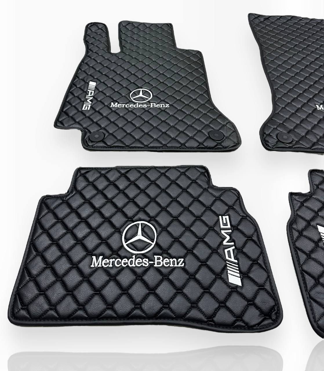 MERCEDES-BENZ Leather Luxury Car Floor Mats | Fits A-B-C-CL Series-E-EQ Series-S-SL Series-G-GL Series-ML-MAYBACH-R-AMG Models | Black Leather & Black Stitch