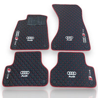 AUDİ Leather Premium Luxury Car Floor Mat Set Black And Red Stitch