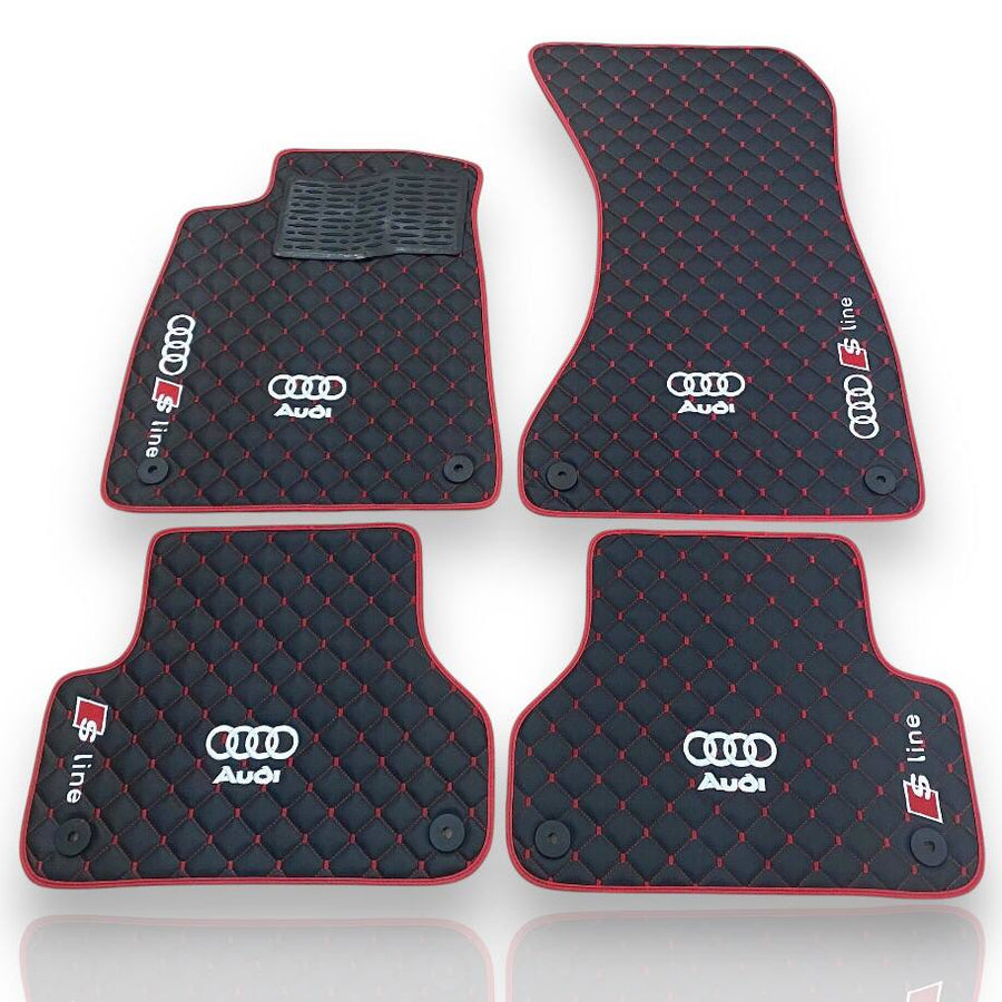 AUDİ Leather Premium Luxury Car Floor Mat Set Black And Red Stitch