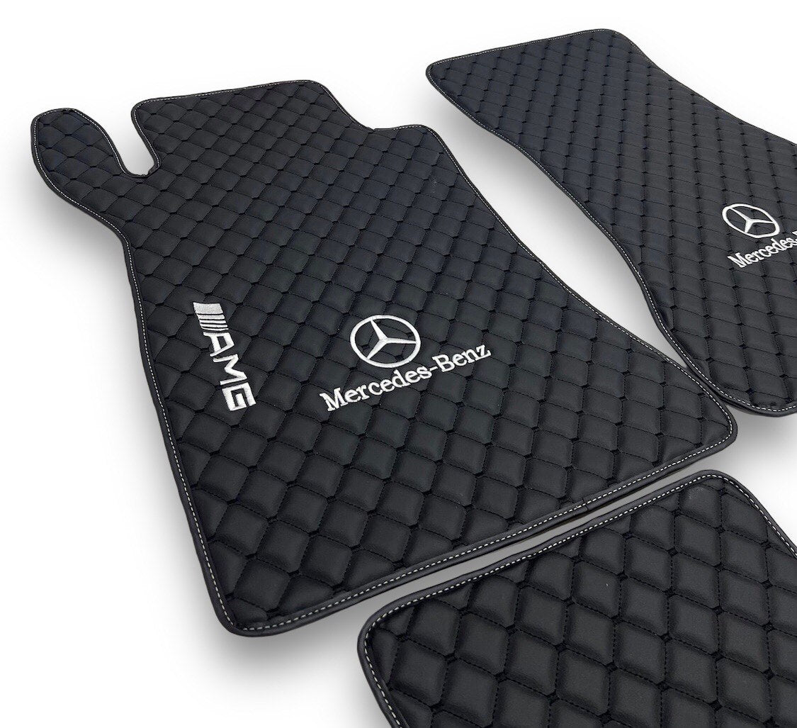 MERCEDES-BENZ Leather Luxury Car Floor Mats | Fits A-B-C-CL Series-E-EQ Series-S-SL Series-G-GL Series-ML-MAYBACH-R-AMG Models | Black Leather & Black Stitch