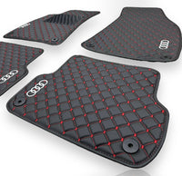 Luxe leren automatten compatibel met AUDI-modellen | Geschikt voor A1, A2, A3, A4, A5, A6, A7, A8, Q2, Q3, Q4 e-tron, Q5, Q6 e-tron, Q7, Q8, Q8 e-tron, e-tron GT, TT, R8, Allroad, S- en RS-modellen | Zwart leer en rode stiksels