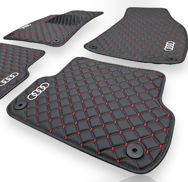 Luxe leren automatten compatibel met AUDI-modellen | Geschikt voor A1, A2, A3, A4, A5, A6, A7, A8, Q2, Q3, Q4 e-tron, Q5, Q6 e-tron, Q7, Q8, Q8 e-tron, e-tron GT, TT, R8, Allroad, S- en RS-modellen | Zwart leer en rode stiksels