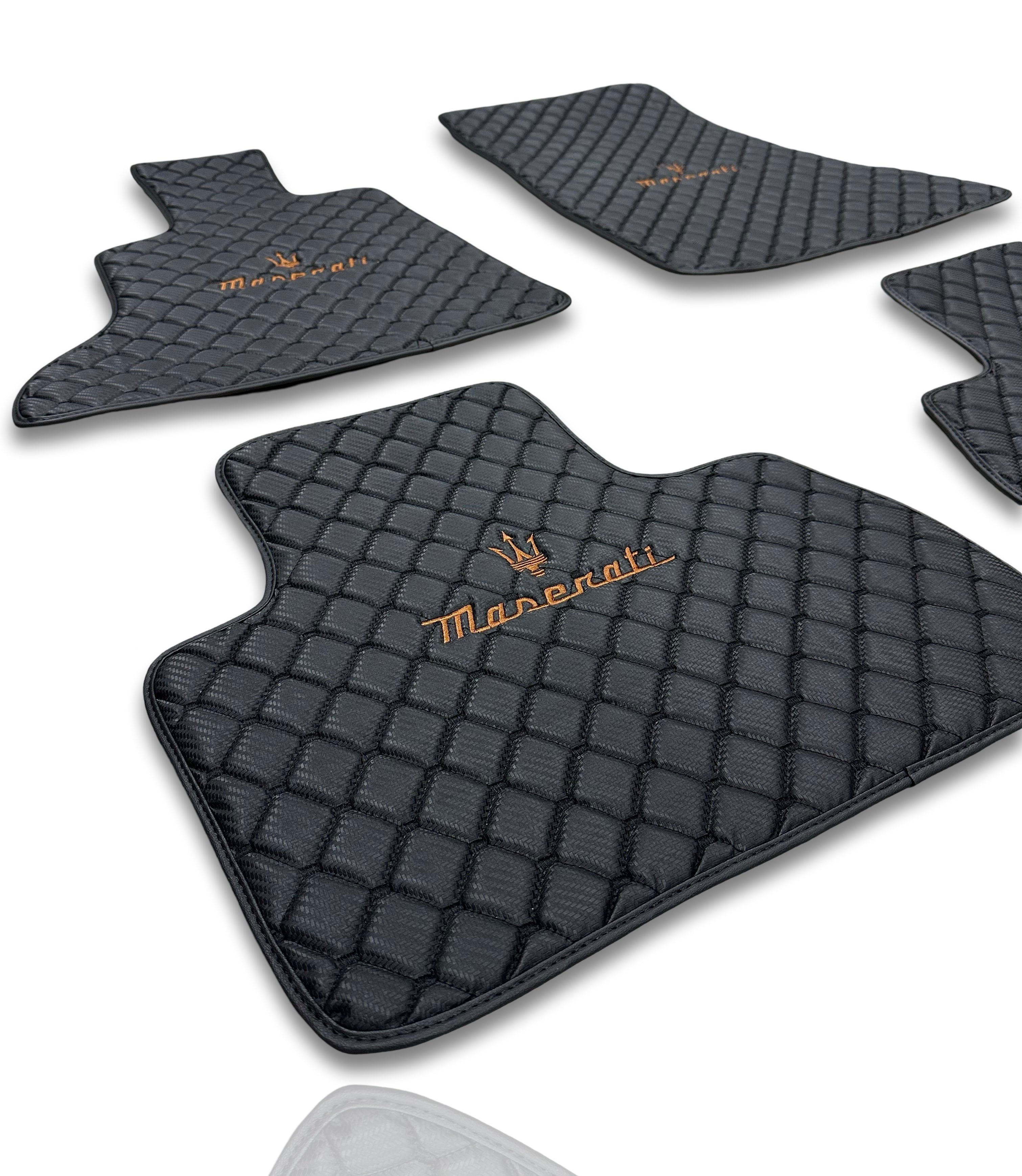 MASERATİ Leather Luxury Car Floor Mats | Fits Ghibli-Quattroporte-GranCabrio-GranTurismo-Levante-Grecale-MC20 Models | Black Leather & Black Stitch