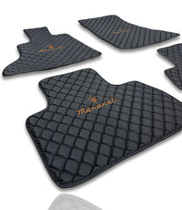 Luxury Leather Car Floor Mats Compatible With Maserati | Fits Ghibli, Quattroporte, GranTurismo, GranCabrio, Levante, Grecale, MC20, MCPURA, 4200 GT & More | Black Leather & Black Stitch