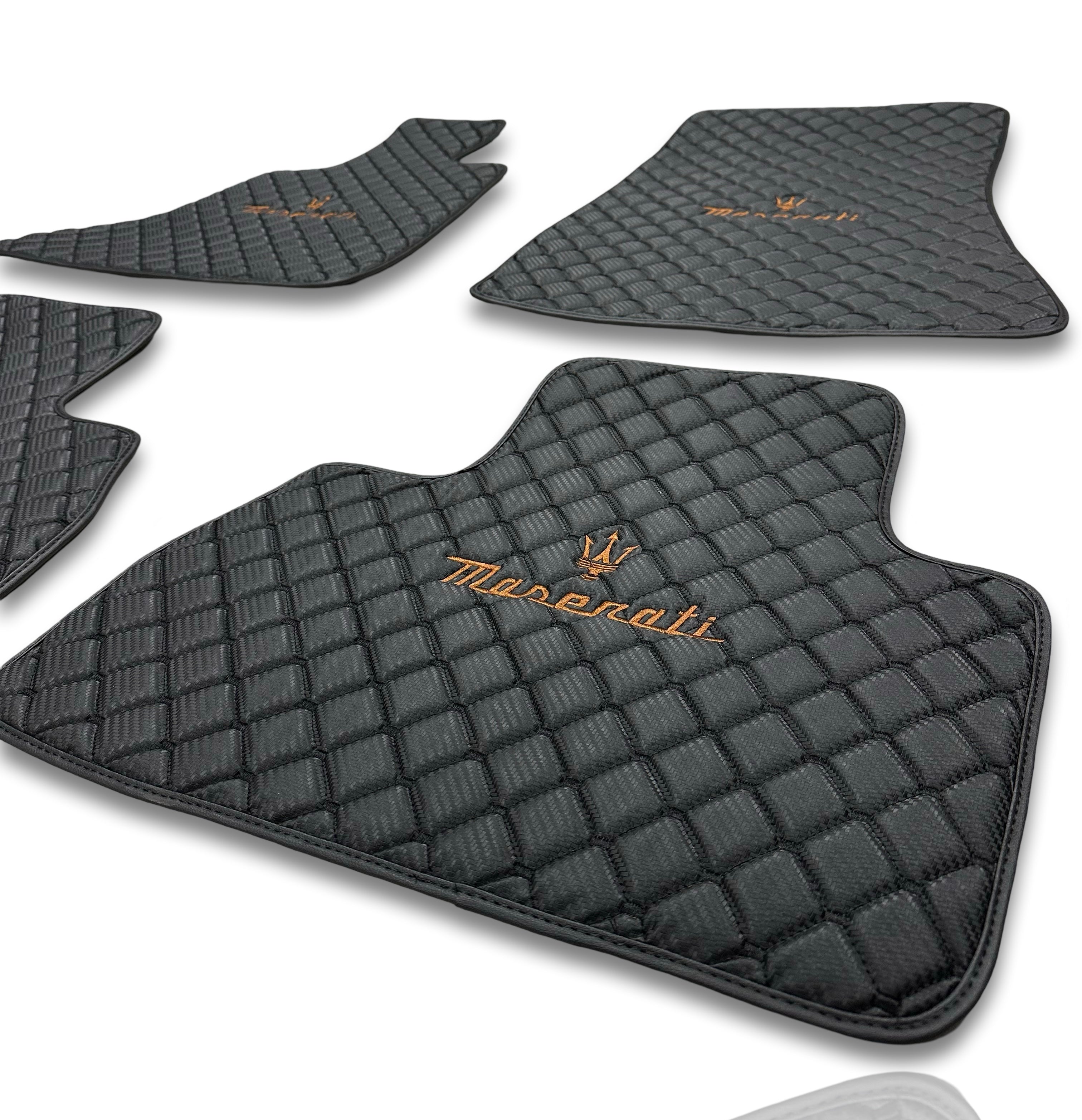 MASERATİ Leather Luxury Car Floor Mats | Fits Ghibli-Quattroporte-GranCabrio-GranTurismo-Levante-Grecale-MC20 Models | Black Leather & Black Stitch