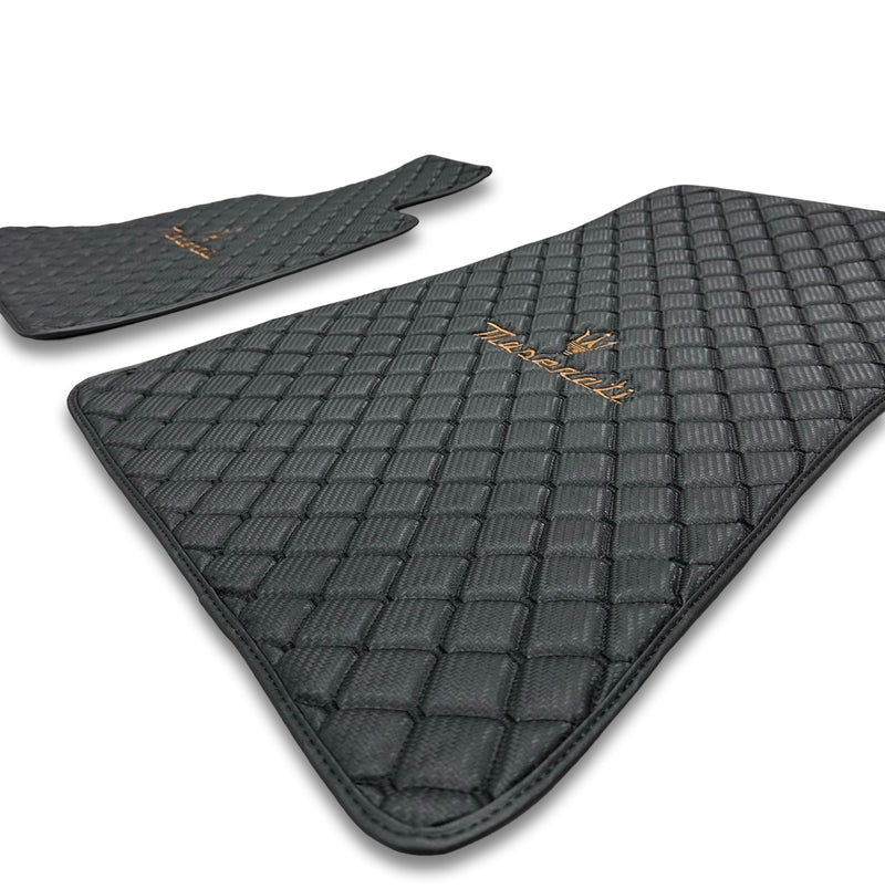 Luxury Leather Car Floor Mats Compatible With Maserati | Fits Ghibli, Quattroporte, GranTurismo, GranCabrio, Levante, Grecale, MC20, MCPURA, 4200 GT & More | Black Leather & Black Stitch
