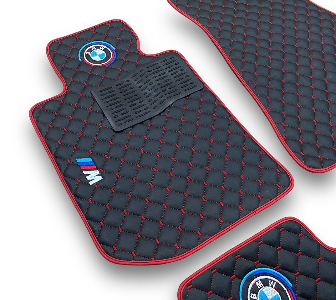 BMW Leather Luxury Car Floor Mats | Fits 1-2-3-4-5-6-7-8-M2-M3-M4-M5-M6-M8-X1-X2-X3-X4-X5-X6-X7-Z3-Z4-i3-i4-i5 Models | Black Leather & Red Stitch