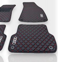 Luxe leren automatten compatibel met AUDI-modellen | Geschikt voor A1, A2, A3, A4, A5, A6, A7, A8, Q2, Q3, Q4 e-tron, Q5, Q6 e-tron, Q7, Q8, Q8 e-tron, e-tron GT, TT, R8, Allroad, S- en RS-modellen | Zwart leer en rode stiksels