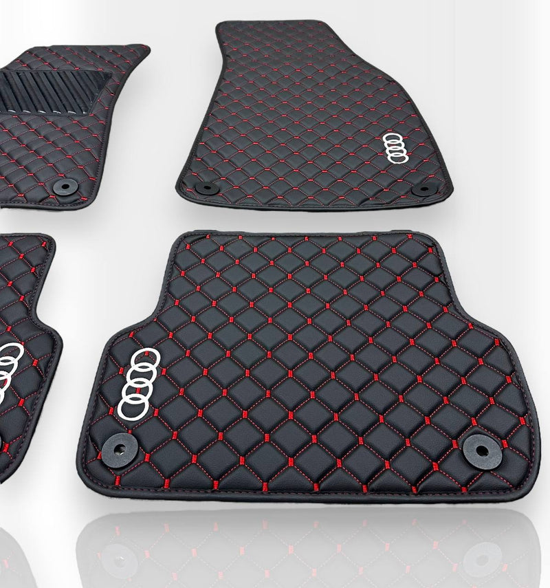 Luxe leren automatten compatibel met AUDI-modellen | Geschikt voor A1, A2, A3, A4, A5, A6, A7, A8, Q2, Q3, Q4 e-tron, Q5, Q6 e-tron, Q7, Q8, Q8 e-tron, e-tron GT, TT, R8, Allroad, S- en RS-modellen | Zwart leer en rode stiksels