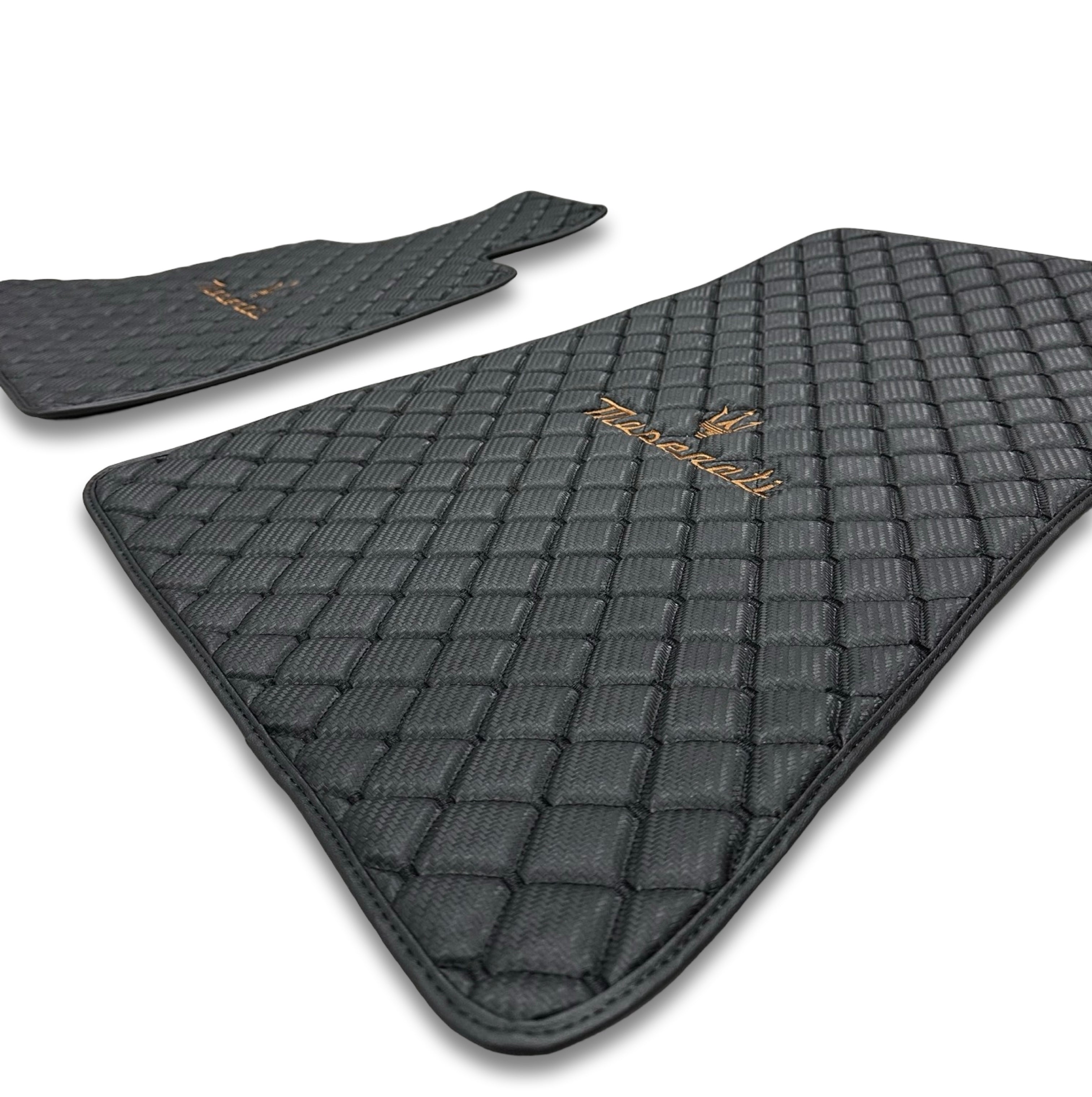 MASERATİ Leather Luxury Car Floor Mats | Fits Ghibli-Quattroporte-GranCabrio-GranTurismo-Levante-Grecale-MC20 Models | Black Leather & Black Stitch
