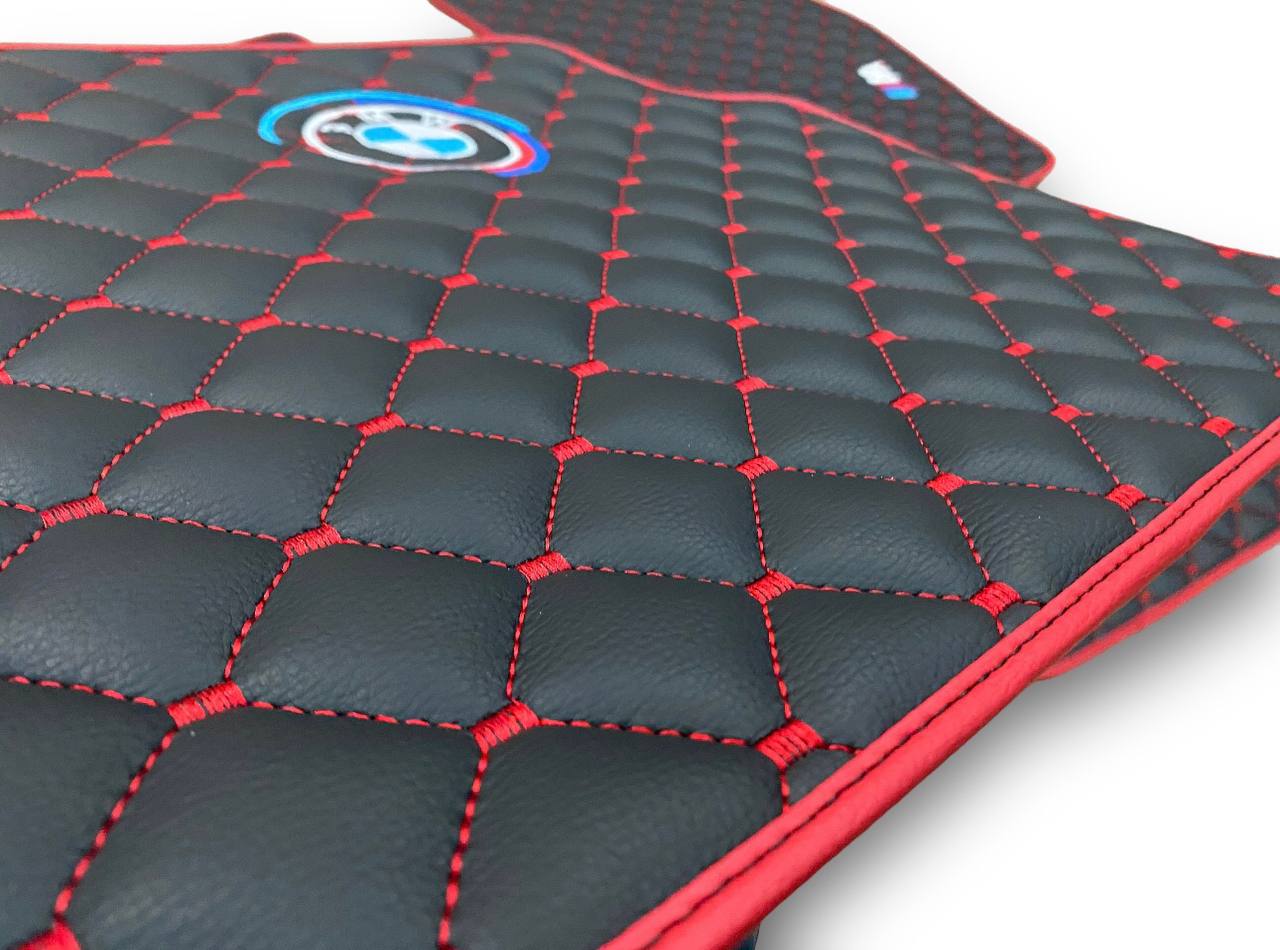 BMW Leather Luxury Car Floor Mats | Fits 1-2-3-4-5-6-7-8-M2-M3-M4-M5-M6-M8-X1-X2-X3-X4-X5-X6-X7-Z3-Z4-i3-i4-i5 Models | Black Leather & Red Stitch