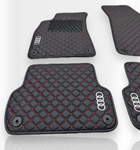 Luxe leren automatten compatibel met AUDI-modellen | Geschikt voor A1, A2, A3, A4, A5, A6, A7, A8, Q2, Q3, Q4 e-tron, Q5, Q6 e-tron, Q7, Q8, Q8 e-tron, e-tron GT, TT, R8, Allroad, S- en RS-modellen | Zwart leer en rode stiksels