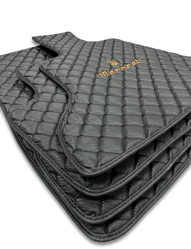 Luxury Leather Car Floor Mats Compatible With Maserati | Fits Ghibli, Quattroporte, GranTurismo, GranCabrio, Levante, Grecale, MC20, MCPURA, 4200 GT & More | Black Leather & Black Stitch