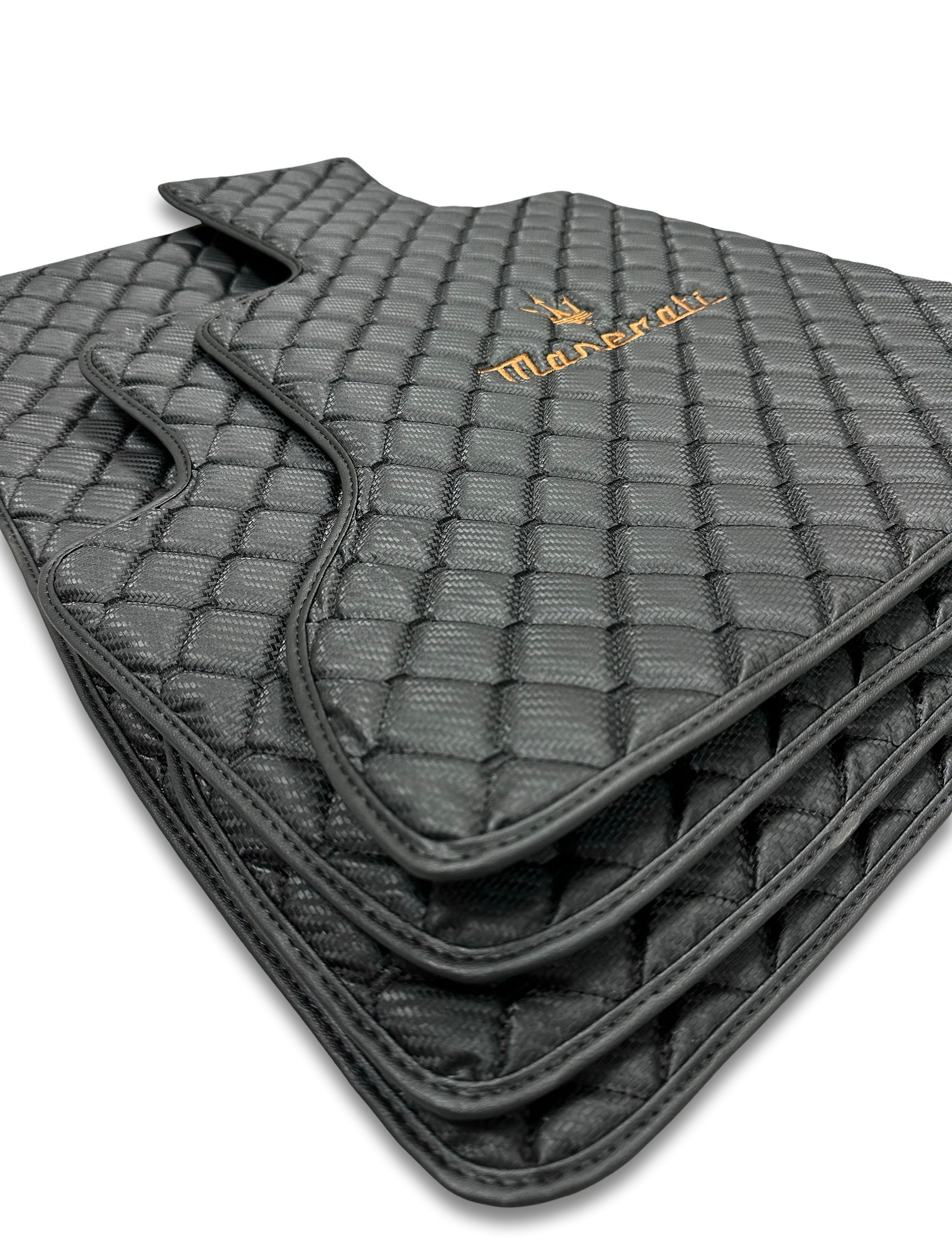 MASERATİ Leather Luxury Car Floor Mats | Fits Ghibli-Quattroporte-GranCabrio-GranTurismo-Levante-Grecale-MC20 Models | Black Leather & Black Stitch