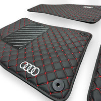 Luxe leren automatten compatibel met AUDI-modellen | Geschikt voor A1, A2, A3, A4, A5, A6, A7, A8, Q2, Q3, Q4 e-tron, Q5, Q6 e-tron, Q7, Q8, Q8 e-tron, e-tron GT, TT, R8, Allroad, S- en RS-modellen | Zwart leer en rode stiksels