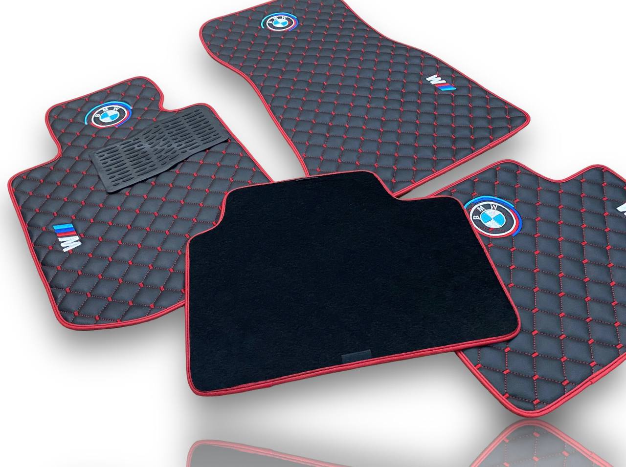 BMW Leather Luxury Car Floor Mats | Fits 1-2-3-4-5-6-7-8-M2-M3-M4-M5-M6-M8-X1-X2-X3-X4-X5-X6-X7-Z3-Z4-i3-i4-i5 Models | Black Leather & Red Stitch