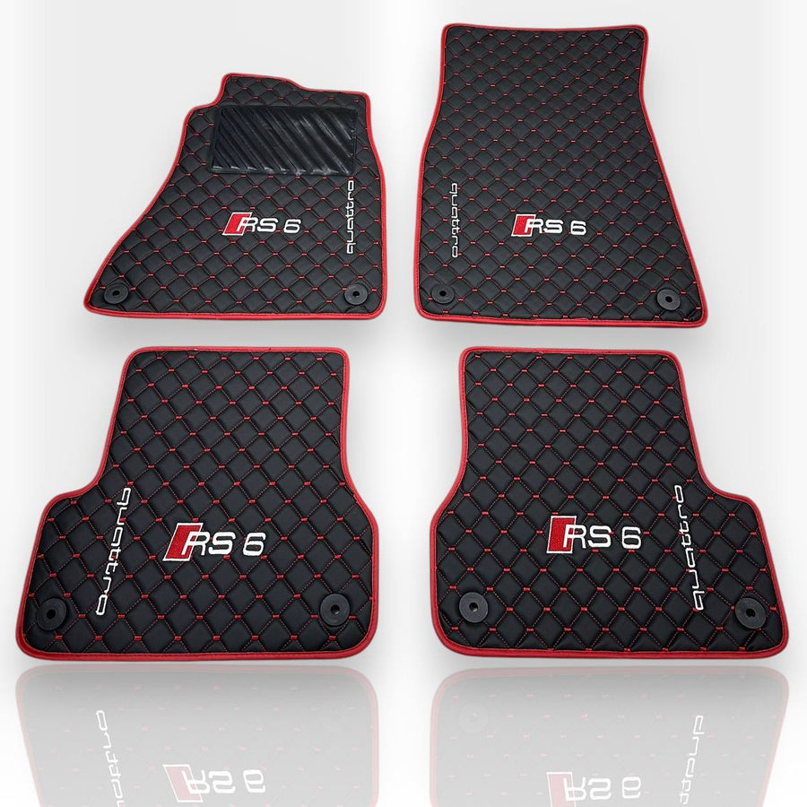 AUDİ A6 / S6 / RS6 Leather Premium Luxury Car Floor Mat Set Black And Red Stitch