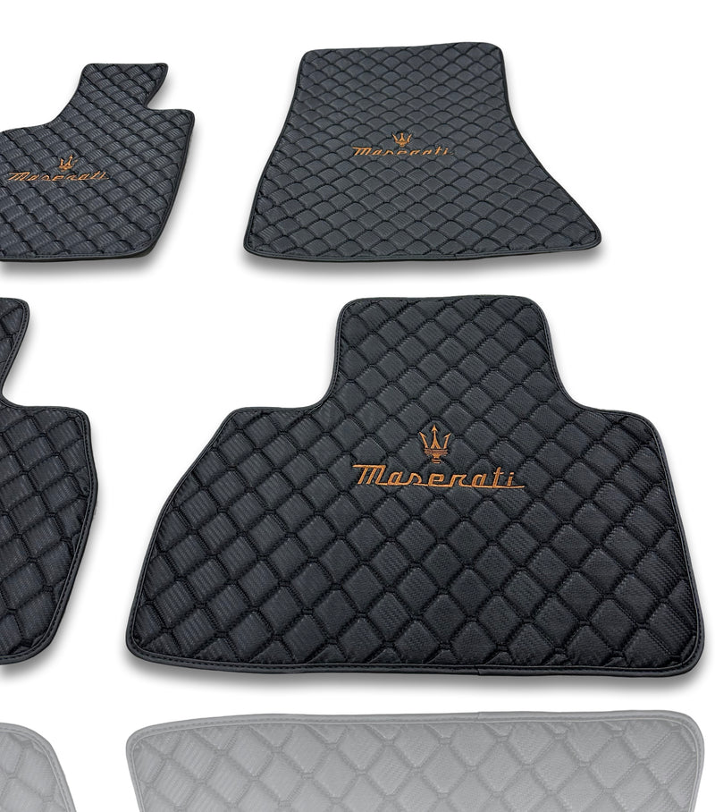 Luxury Leather Car Floor Mats Compatible With Maserati | Fits Ghibli, Quattroporte, GranTurismo, GranCabrio, Levante, Grecale, MC20, MCPURA, 4200 GT & More | Black Leather & Black Stitch