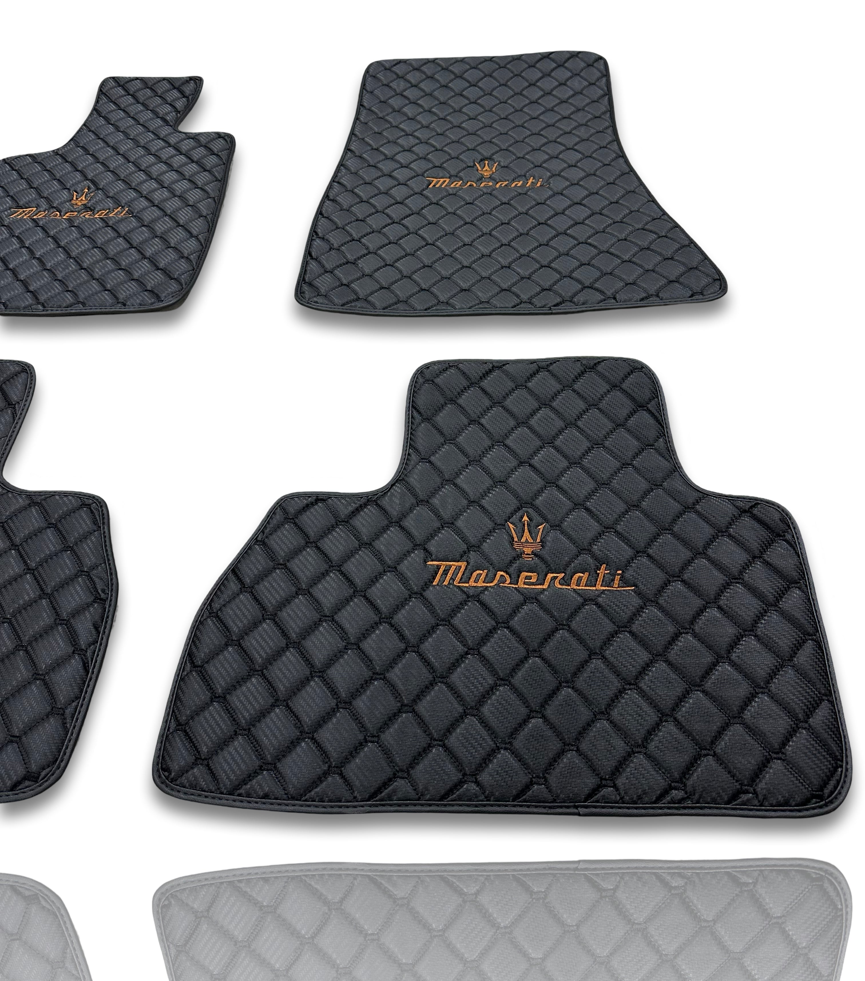 MASERATİ Leather Luxury Car Floor Mats | Fits Ghibli-Quattroporte-GranCabrio-GranTurismo-Levante-Grecale-MC20 Models | Black Leather & Black Stitch