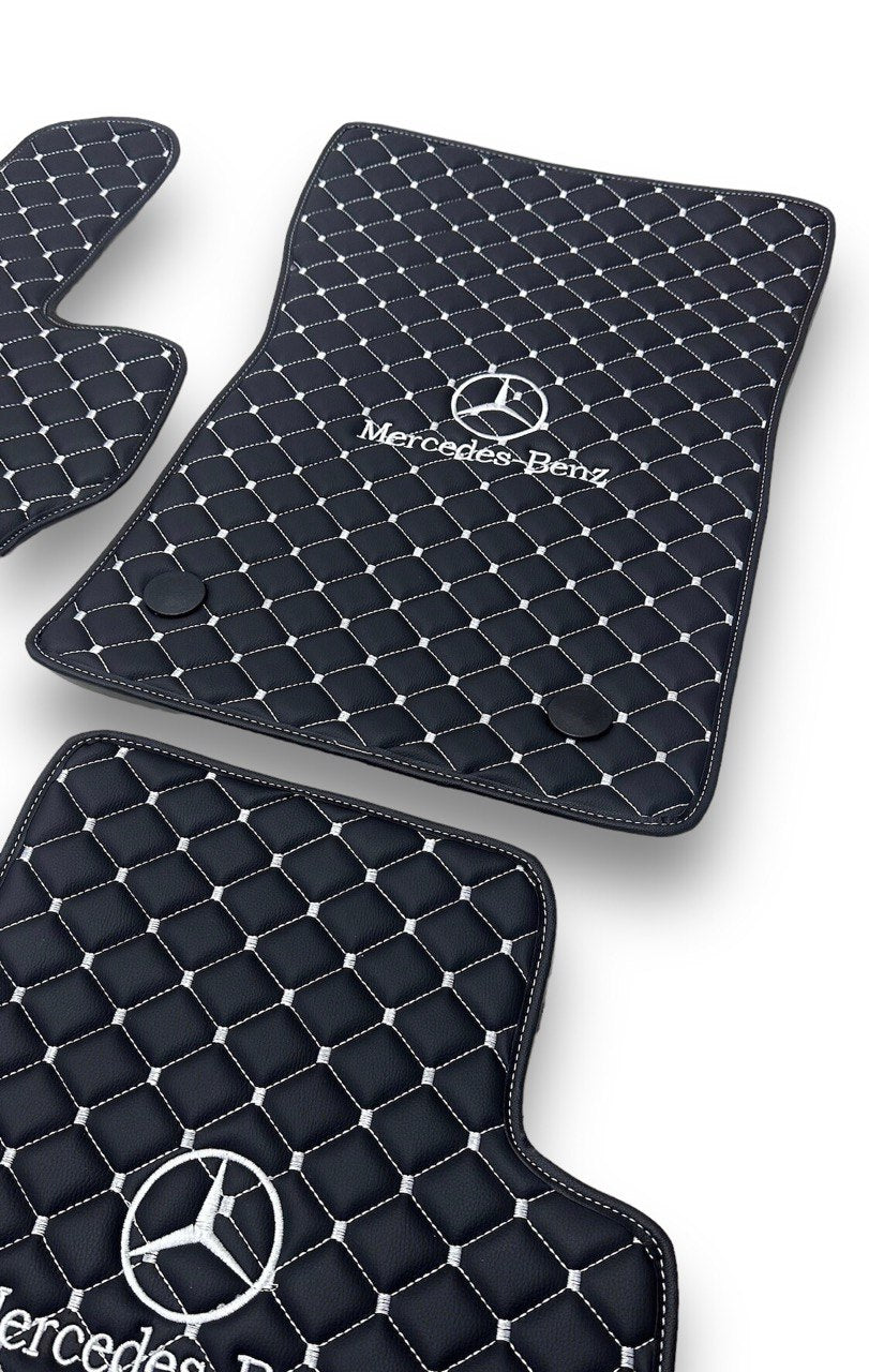 Luxury Leather Car Floor Mats Compatible With Mercedes-Benz | Fits A-B-C-CL Series-E-EQ Series-S-SL Series-G-GL Series-ML-MAYBACH-R-AMG Models | Black Leather & White Stitch