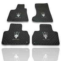 Luxury Leather Car Floor Mats Compatible With Maserati | Fits Ghibli, Quattroporte, GranTurismo, GranCabrio, Levante, Grecale, MC20, MCPURA, 4200 GT & More | Black Leather & Yellow Stitch