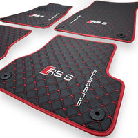 AUDİ A6 / S6 / RS6 Leather Premium Luxury Car Floor Mat Set Black And Red Stitch