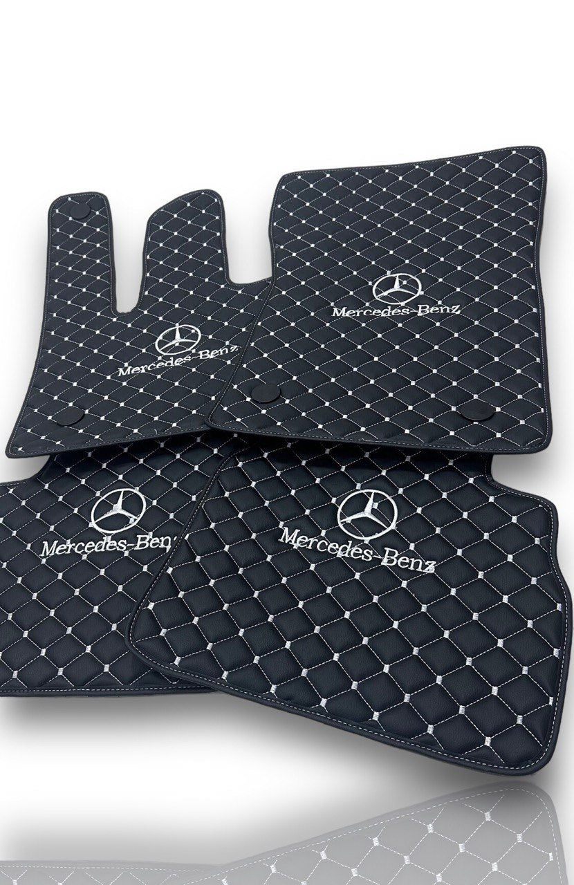 Luxury Leather Car Floor Mats Compatible With Mercedes-Benz | Fits A-B-C-CL Series-E-EQ Series-S-SL Series-G-GL Series-ML-MAYBACH-R-AMG Models | Black Leather & White Stitch