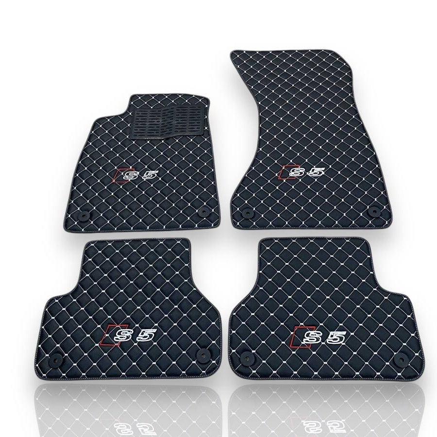 AUDİ A5 / S5 / RS5 Leather Premium Luxury Car Floor Mat Set Black And White Stitch