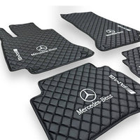 MERCEDES-BENZ Leather Premium Luxury Car Floor Mat Set Black And Black Stitch