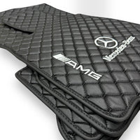 MERCEDES-BENZ Leather Premium Luxury Car Floor Mat Set Black And Black Stitch