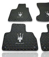 Luxury Leather Car Floor Mats Compatible With Maserati | Fits Ghibli, Quattroporte, GranTurismo, GranCabrio, Levante, Grecale, MC20, MCPURA, 4200 GT & More | Black Leather & Yellow Stitch