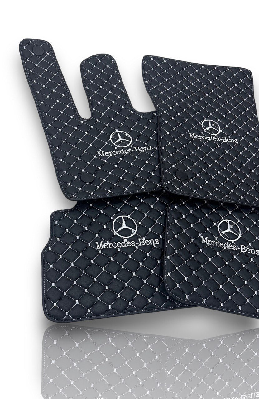 Luxury Leather Car Floor Mats Compatible With Mercedes-Benz | Fits A-B-C-CL Series-E-EQ Series-S-SL Series-G-GL Series-ML-MAYBACH-R-AMG Models | Black Leather & White Stitch