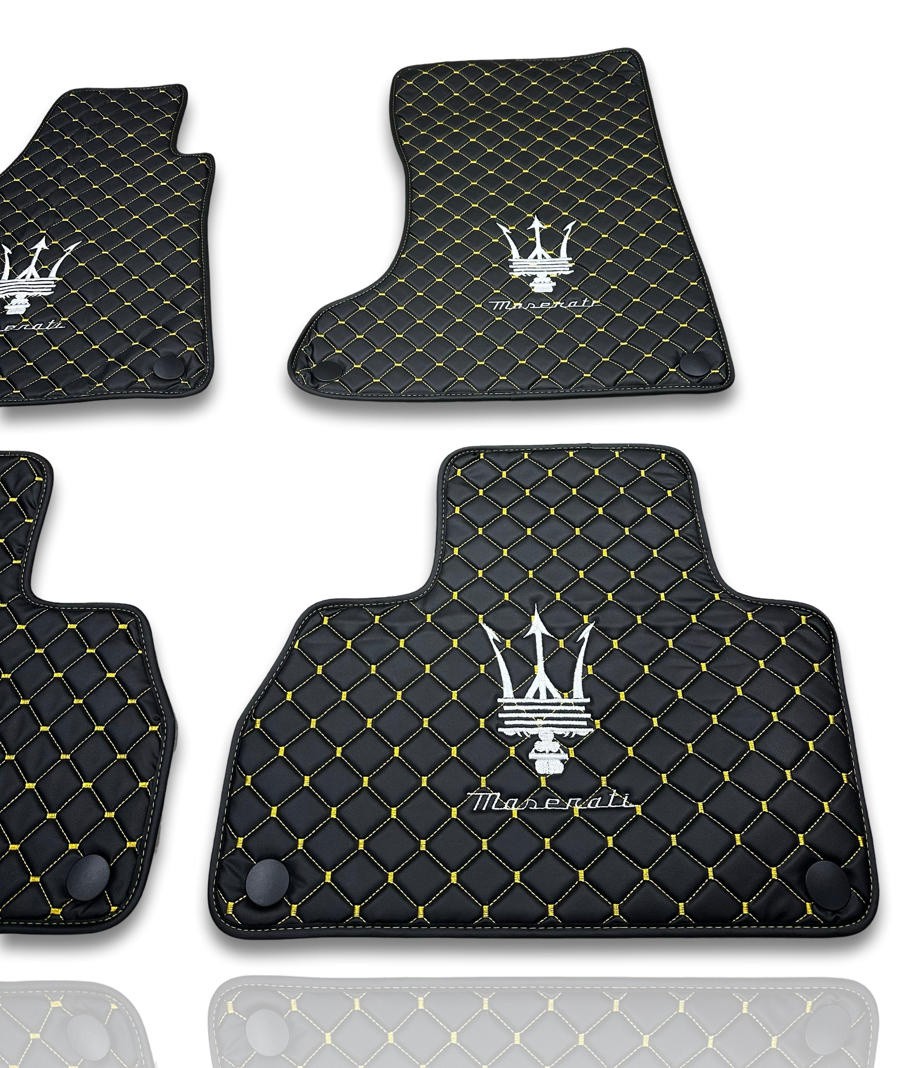 MASERATİ Leather Luxury Car Floor Mats | Fits Ghibli-Quattroporte-GranCabrio-GranTurismo-Levante-Grecale-MC20 Models Set Of 4 | Black Leather & Brown Stitch