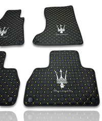 Luxury Leather Car Floor Mats Compatible With Maserati | Fits Ghibli, Quattroporte, GranTurismo, GranCabrio, Levante, Grecale, MC20, MCPURA, 4200 GT & More | Black Leather & Yellow Stitch