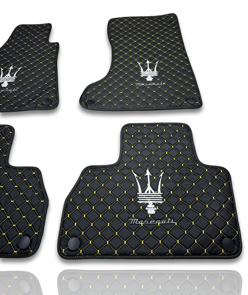 Luxury Leather Car Floor Mats Compatible With Maserati | Fits Ghibli, Quattroporte, GranTurismo, GranCabrio, Levante, Grecale, MC20, MCPURA, 4200 GT & More | Black Leather & Yellow Stitch