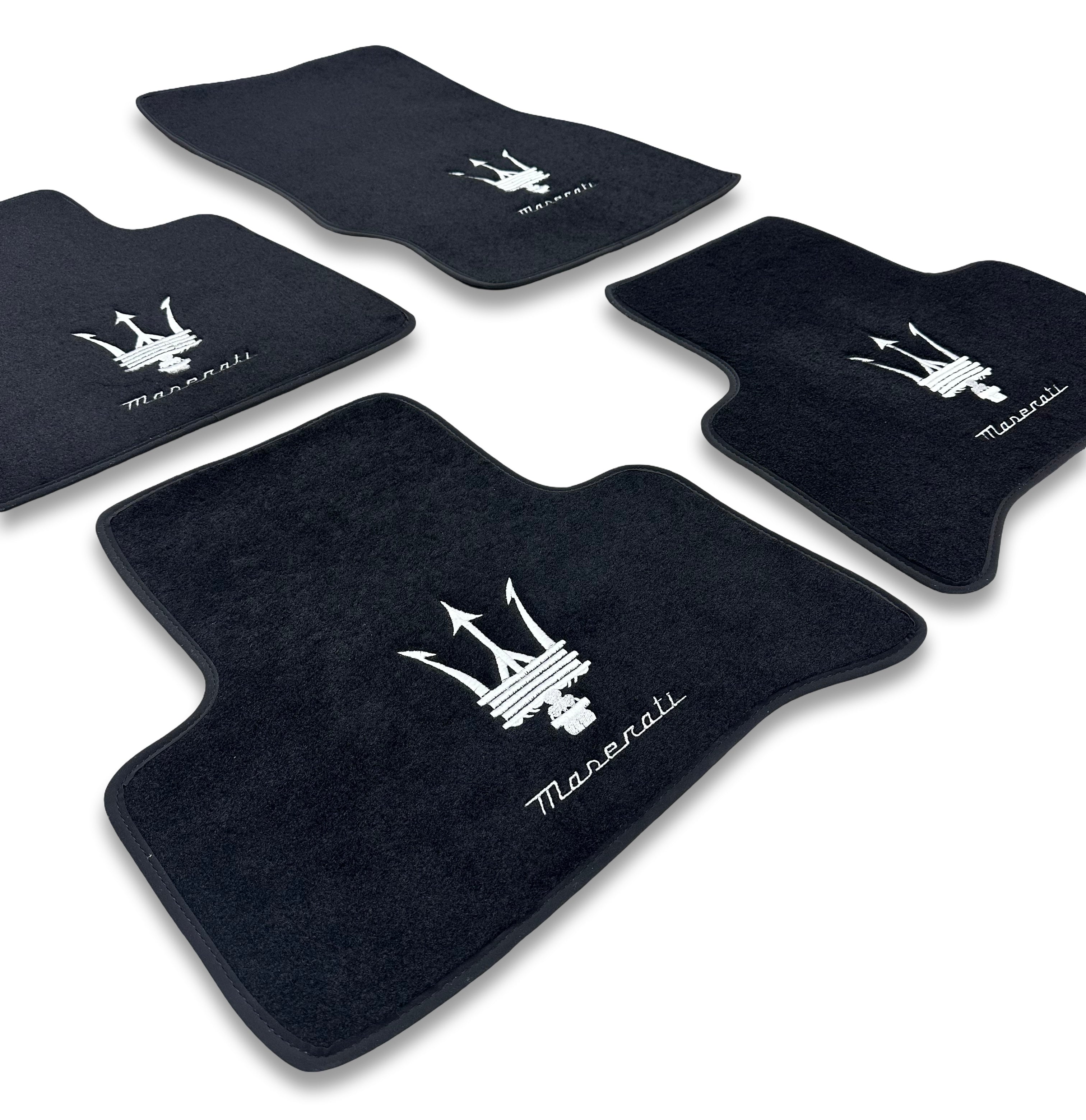 Luxury Carpet Car Floor Mats Compatible With Maserati | Fits Ghibli-Quattroporte-GranCabrio-GranTurismo-Levante-Grecale-MC20 Models | Black Leather & Red Stitch