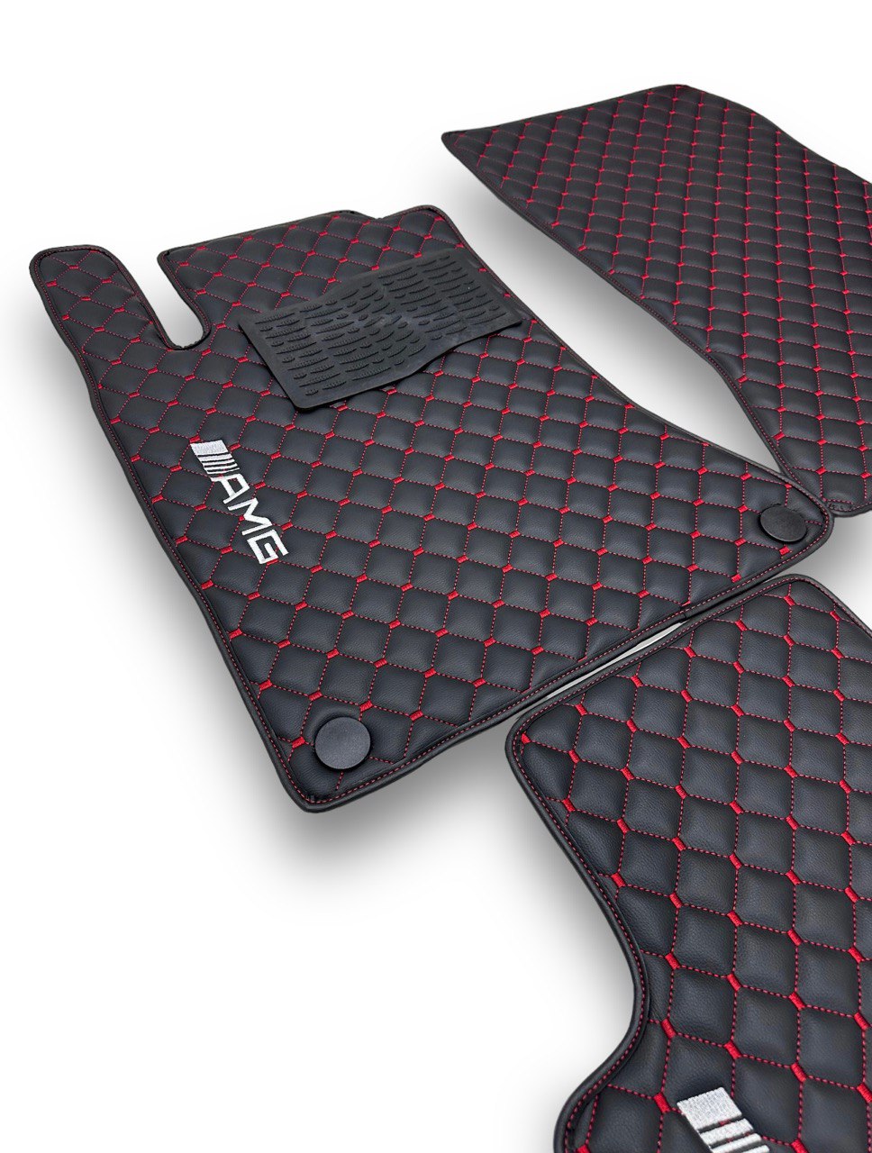Luxury Leather Car Floor Mats Compatible With MERCEDES-BENZ | Fits A-B-C-CL Series-E-EQ Series-S-SL Series-G-GL Series-ML-MAYBACH-R-AMG Models | Black Leather & Red Stitch