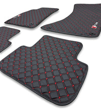 Luxe leren automatten compatibel met AUDI-modellen | Geschikt voor A1, A2, A3, A4, A5, A6, A7, A8, Q2, Q3, Q4 e-tron, Q5, Q6 e-tron, Q7, Q8, Q8 e-tron, e-tron GT, TT, R8, Allroad, S- en RS-modellen | Zwart leer en rode stiksels