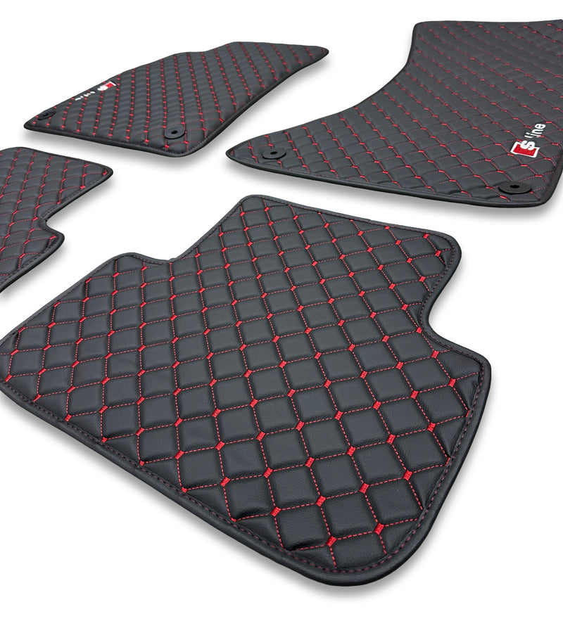 Luxe leren automatten compatibel met AUDI-modellen | Geschikt voor A1, A2, A3, A4, A5, A6, A7, A8, Q2, Q3, Q4 e-tron, Q5, Q6 e-tron, Q7, Q8, Q8 e-tron, e-tron GT, TT, R8, Allroad, S- en RS-modellen | Zwart leer en rode stiksels