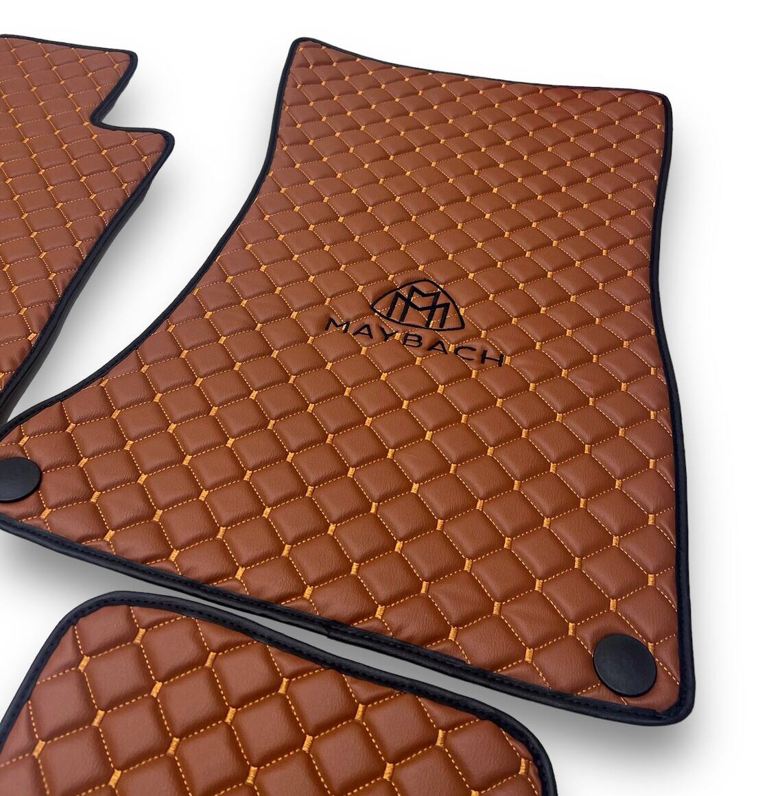 Alfombrillas de cuero de lujo para coche compatibles con Mercedes-Maybach | Compatible con series S, GLS, EQS SUV, G y más modelos | Cuero marrón y costura marrón