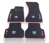 Tappetini auto in pelle di lusso compatibili con i modelli AUDI | Adatti ai modelli A1, A2, A3, A4, A5, A6, A7, A8, Q2, Q3, Q4 e-tron, Q5, Q6 e-tron, Q7, Q8, Q8 e-tron, e-tron GT, TT, R8, Allroad, S, RS | Pelle nera e cuciture rosse