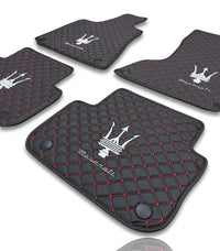 Luxury Leather Car Floor Mats Compatible With Maserati | Fits Ghibli, Quattroporte, GranTurismo, GranCabrio, Levante, Grecale, MC20, MCPURA, 4200 GT & More | Black Leather & Red Stitch