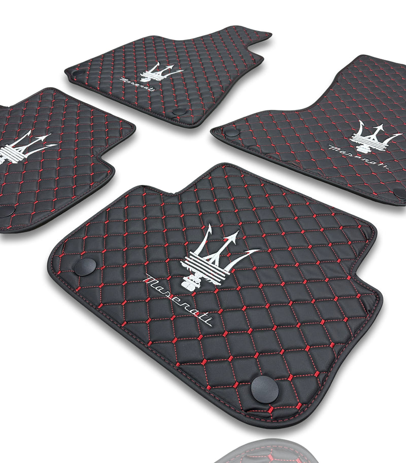 Luxury Leather Car Floor Mats Compatible With Maserati | Fits Ghibli, Quattroporte, GranTurismo, GranCabrio, Levante, Grecale, MC20, MCPURA, 4200 GT & More | Black Leather & Red Stitch