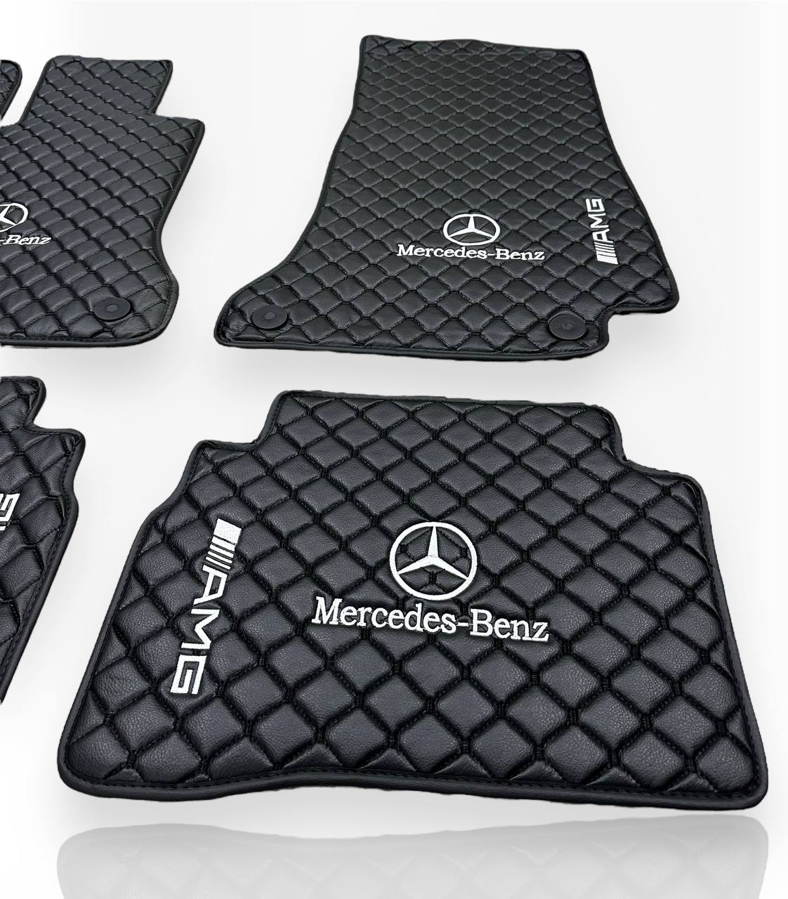 MERCEDES-BENZ Leather Luxury Car Floor Mats | Fits A-B-C-CL Series-E-EQ Series-S-SL Series-G-GL Series-ML-MAYBACH-R-AMG Models | Black Leather & Black Stitch