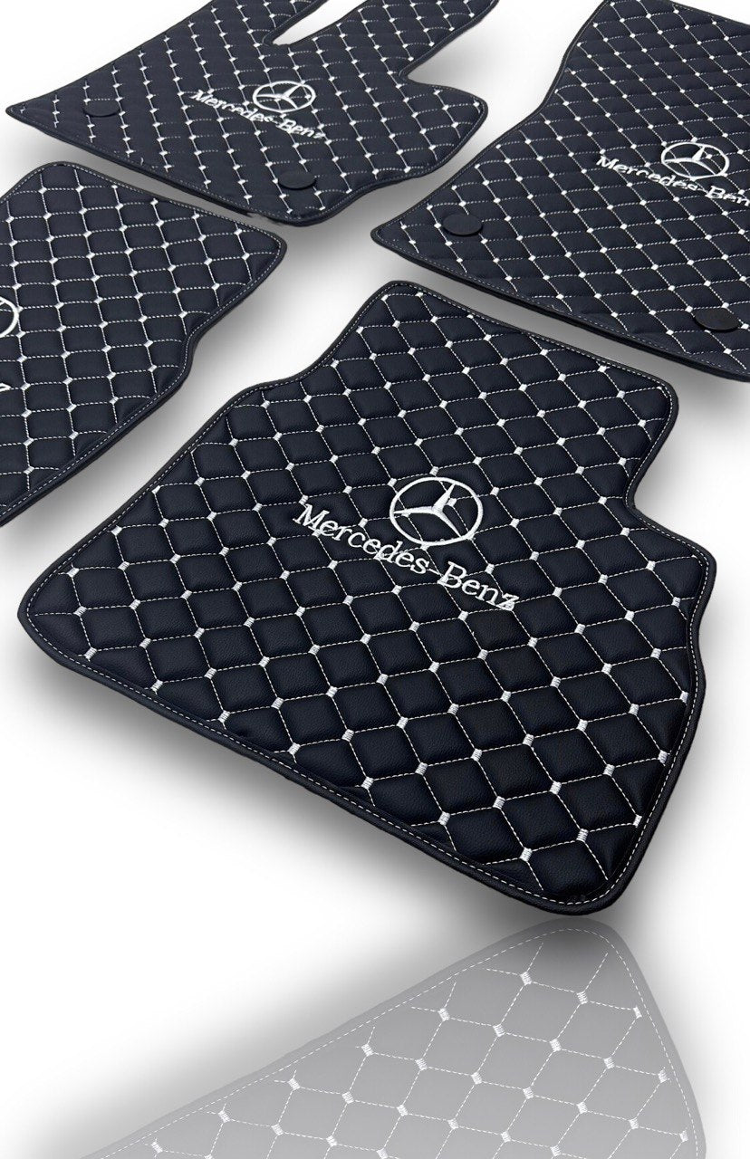 Luxury Leather Car Floor Mats Compatible With Mercedes-Benz | Fits A-B-C-CL Series-E-EQ Series-S-SL Series-G-GL Series-ML-MAYBACH-R-AMG Models | Black Leather & White Stitch