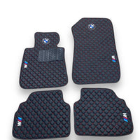 BMW Leather Premium Luxury Car Floor Mat Set Black And Red Stitch