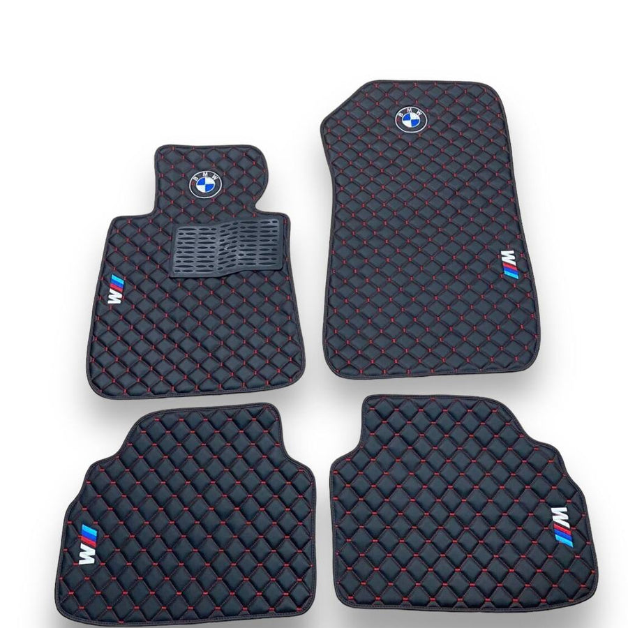 BMW Leather Premium Luxury Car Floor Mat Set Black And Red Stitch